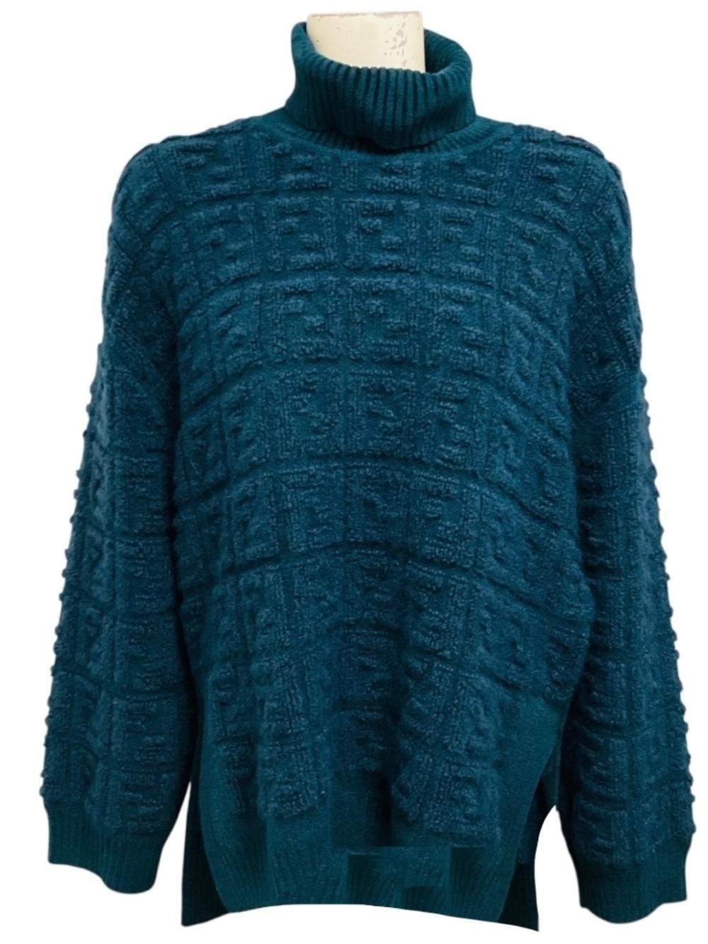 FENDI DARK TEAL FF ZUCCA LOGO PATTERN MOHAIR AND WOOL KNIT TURTLENECK SWEATER